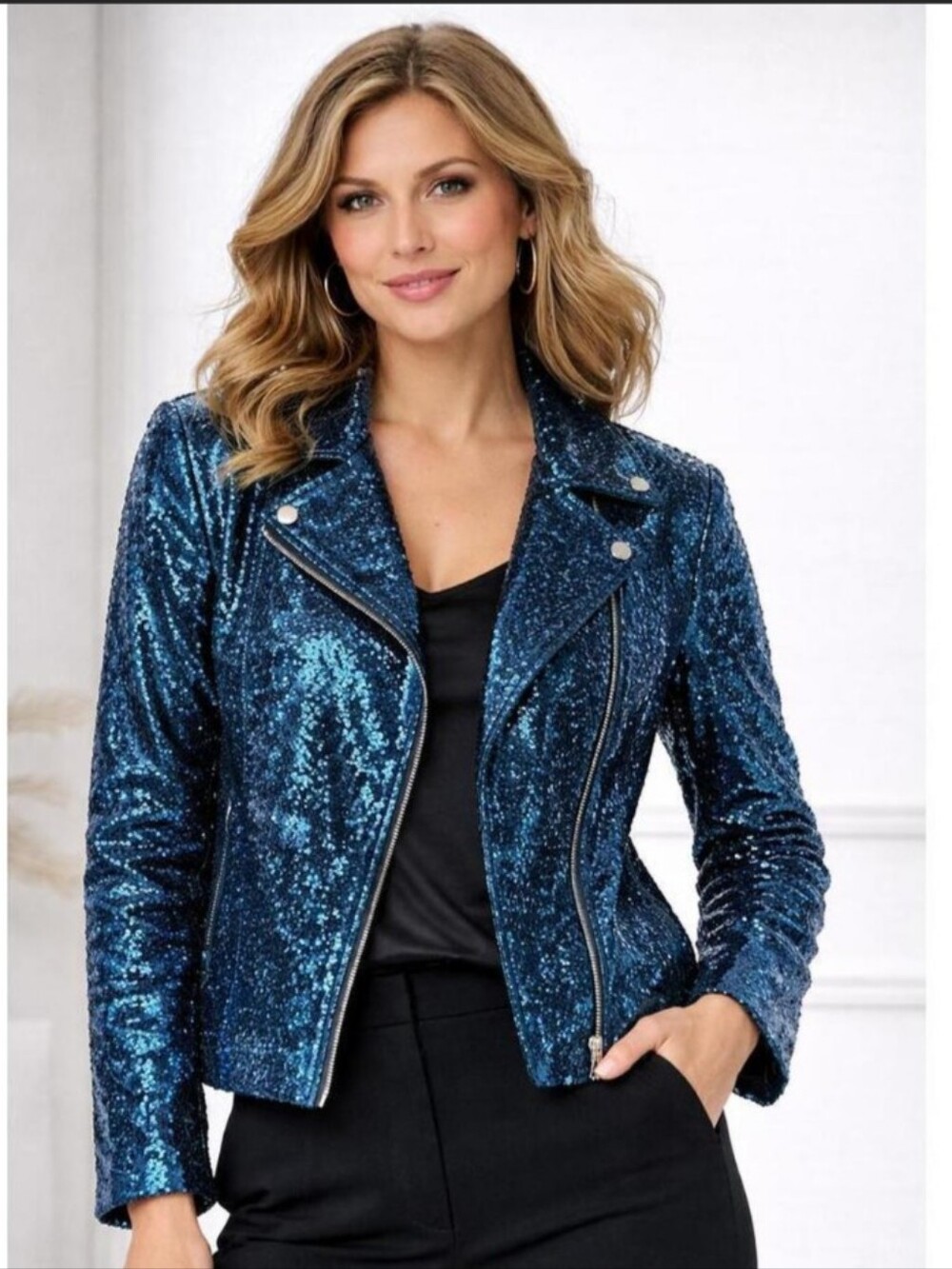Colleen Lopez Women's Blue Luxe Sequin Moto Jacket Size Large New